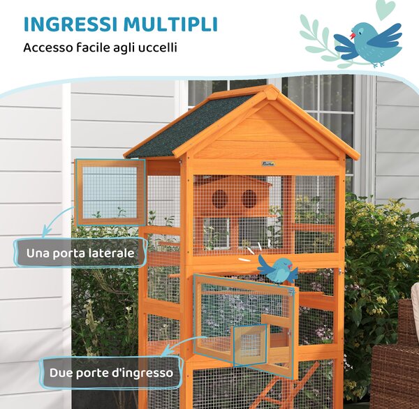 PawHut Voliera per Uccelli a 3 Porte con Casetta, Scaletta e Vassoio, in Legno e Metallo, 92x52x171 cm, Arancione e Nera | Aosom Italy