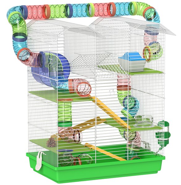 PawHut Gabbia per Criceti a 5 Piani con Tubi Colorati, Ruota, Casetta e Accessori, 47x30x59 cm, Verde | Aosom Italy