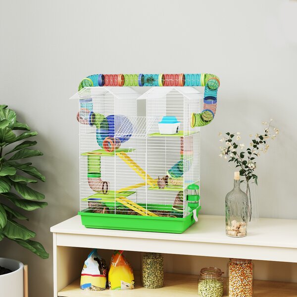 PawHut Gabbia per Criceti a 5 Piani con Tubi Colorati, Ruota, Casetta e Accessori, 47x30x59 cm, Verde | Aosom Italy