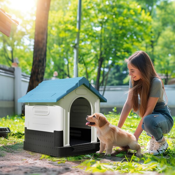 PawHut Cuccia per Cani Piccoli da Esterno in Plastica con Finestre e Base Rialzata, 64.5x57x66 cm, Blu | Aosom Italy