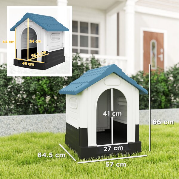 PawHut Cuccia per Cani Piccoli da Esterno in Plastica con Finestre e Base Rialzata, 64.5x57x66 cm, Blu | Aosom Italy