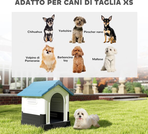 PawHut Cuccia per Cani Piccoli da Esterno in Plastica con Finestre e Base Rialzata, 64.5x57x66 cm, Blu | Aosom Italy