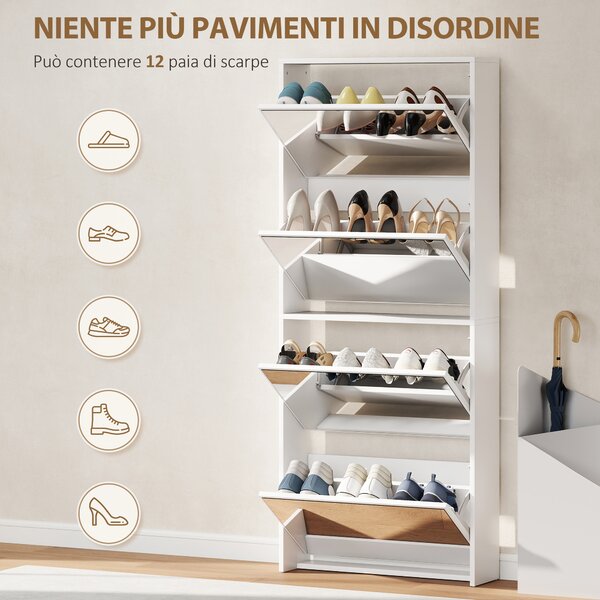HOMCOM Scarpiera a Specchio a 4 Ante Antiribaltamento in Legno, 63x17x146 cm, Bianco | Aosom Italy