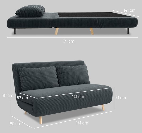 HOMCOM Divano letto, con schienale regolabile in 3 posizioni, tessuto a coste, fino a 120 kg, 141 x 90 x 81 cm, Grigio scuro | Aosom Italy