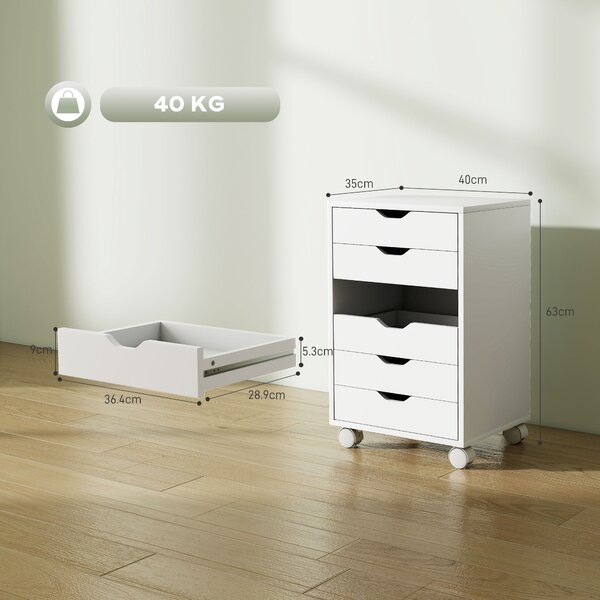 HOMCOM Cassettiera da Ufficio a 6 Cassetti con 4 Ruote e Blocco, Mobile Moderno in legno truciolare, 40x35x63 cm, Bianco | Aosom Italy