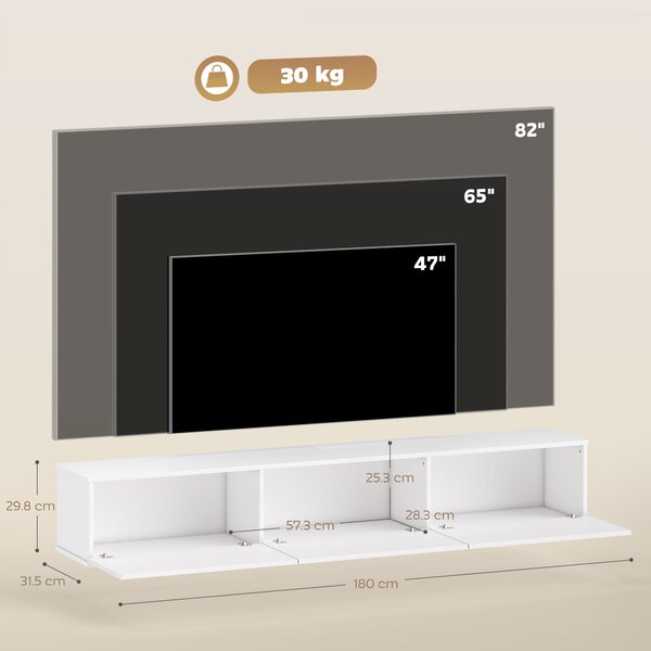 HOMCOM Mobile TV Sospeso, Montaggio a Parete, 3 Cassetti, Grande Capacità di Stoccaggio, 180x31,5x29,8 cm, Bianco | Aosom Italy