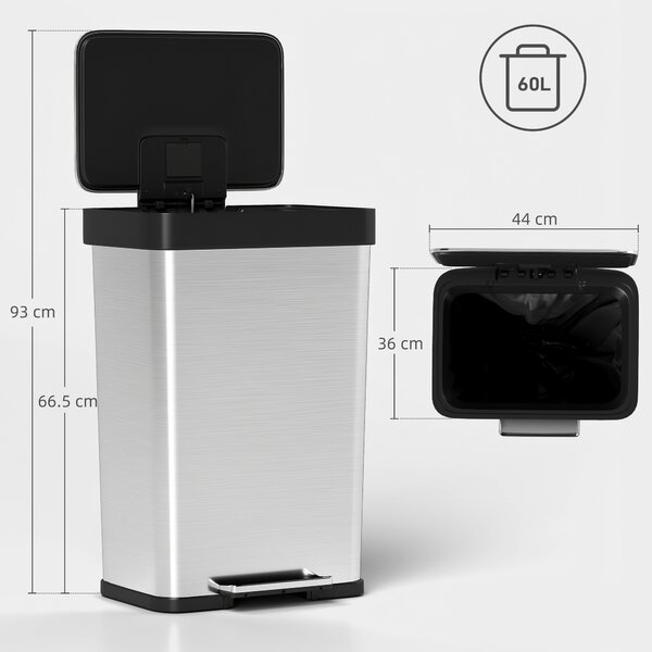 HOMCOM Bidone da 60 L con pedale, in acciaio inossidabile con coperchio a chiusura morbida, Argento | Aosom Italy