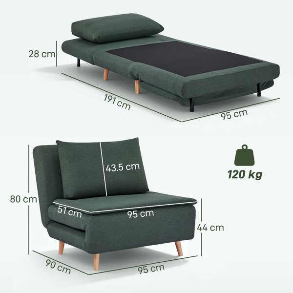 HOMCOM Poltrona letto 3-in-1, reclinabile, con schienale regolabile, gambe in legno di faggio, cuscino, Verde scuro | Aosom Italy