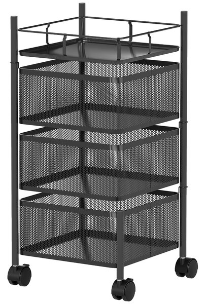 Carrello Cucina a 3 Livelli 27,5x27,5x62 cm con Cestini in Metallo Girevoli Ruote e Freno Nero