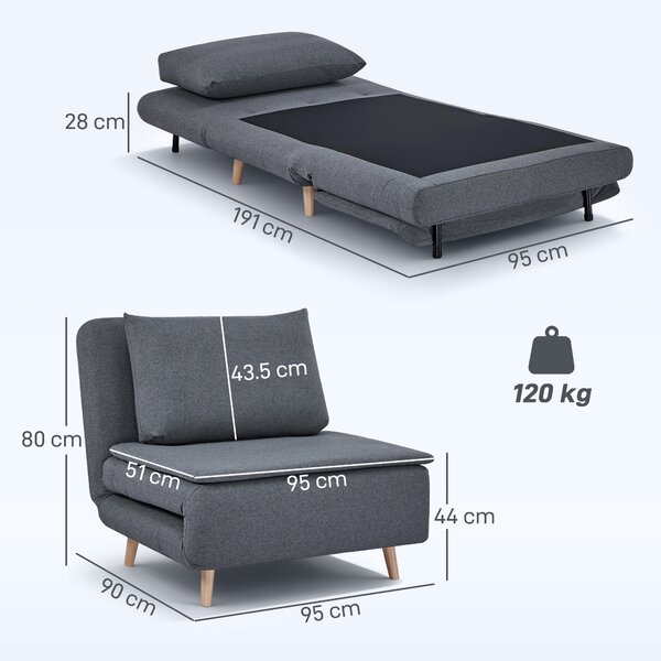 HOMCOM Poltrona letto 3-in-1 con funzione letto, chaise longue, schienale regolabile, gambe in faggio, cuscino, Grigio | Aosom Italy