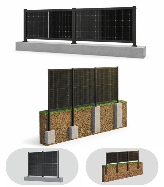 Recinto solare 4.0 nero (acciaio inox), con 3 moduli da 1722 mm, in allineamento orizzontale, con supporto. Recinzione solare PV