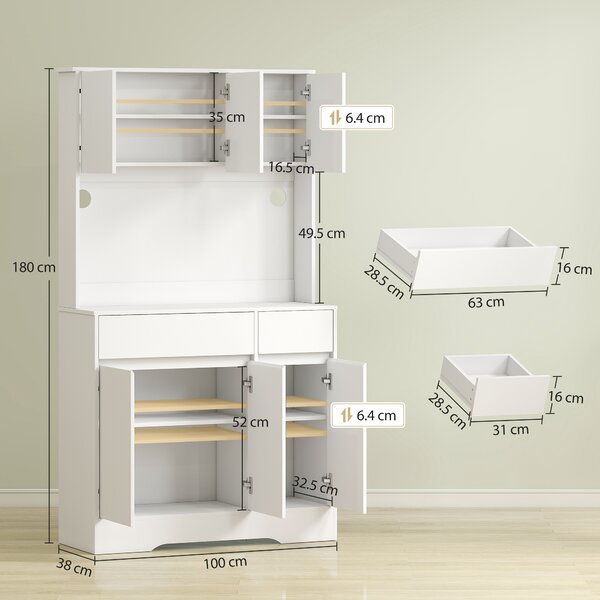 HOMCOM Credenza da Cucina Moderna con 4 Armadietti, 2 Cassetti e Ripiani Regolabili, 100x38x180 cm, Bianco | Aosom Italy