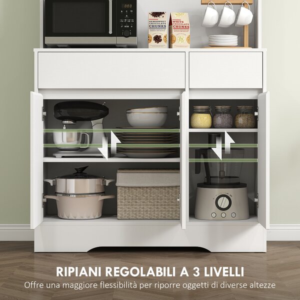 HOMCOM Credenza da Cucina Moderna con 4 Armadietti, 2 Cassetti e Ripiani Regolabili, 100x38x180 cm, Bianco | Aosom Italy