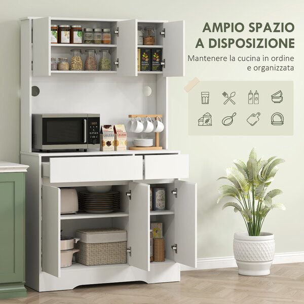 HOMCOM Credenza da Cucina Moderna con 4 Armadietti, 2 Cassetti e Ripiani Regolabili, 100x38x180 cm, Bianco | Aosom Italy