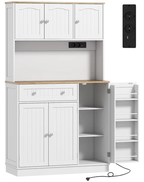 HOMCOM Credenza da Cucina Alta 173 cm con Stazione di Ricarica, Piano per Microonde, Ripiani Regolabili, 4 Rastrelliere per Spezie, Bianco | Aosom Italy