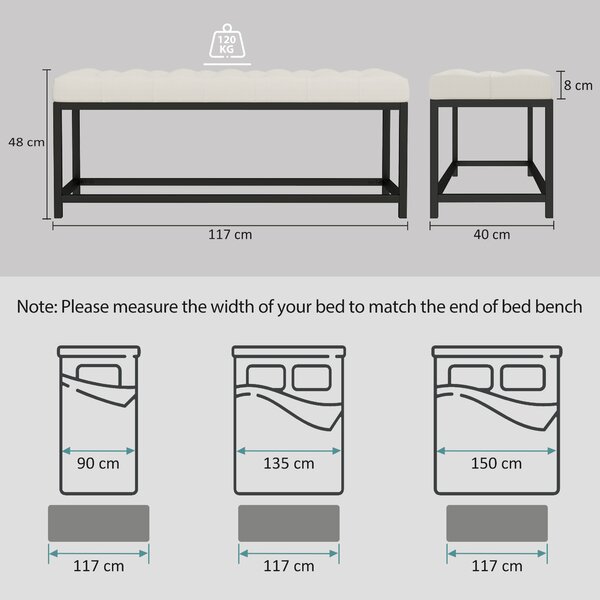 HOMCOM Panca da Letto Imbottita in Velluto Design Capitonné Base in Metallo per Camera Ingresso Soggiorno Crema | Aosom Italy