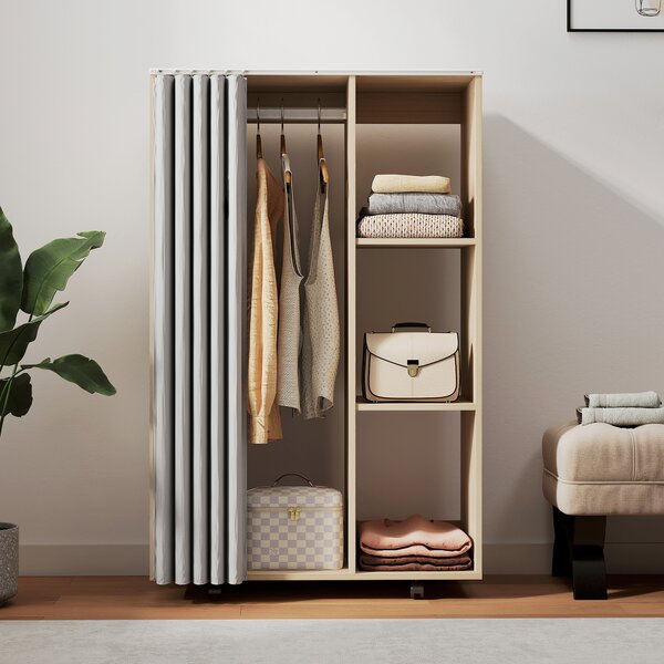 HOMCOM Armadio appendiabiti, 4 rotelle, asta appendiabiti e ripiani 80x40x128cm, Legno naturale | Aosom Italy