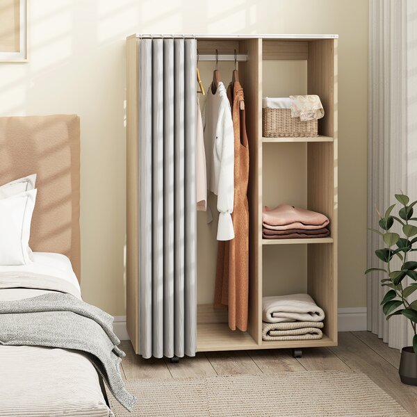HOMCOM Armadio appendiabiti, 4 rotelle, asta appendiabiti e ripiani 80x40x128cm, Legno naturale | Aosom Italy