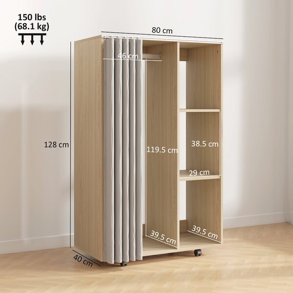 HOMCOM Armadio appendiabiti, 4 rotelle, asta appendiabiti e ripiani 80x40x128cm, Legno naturale | Aosom Italy