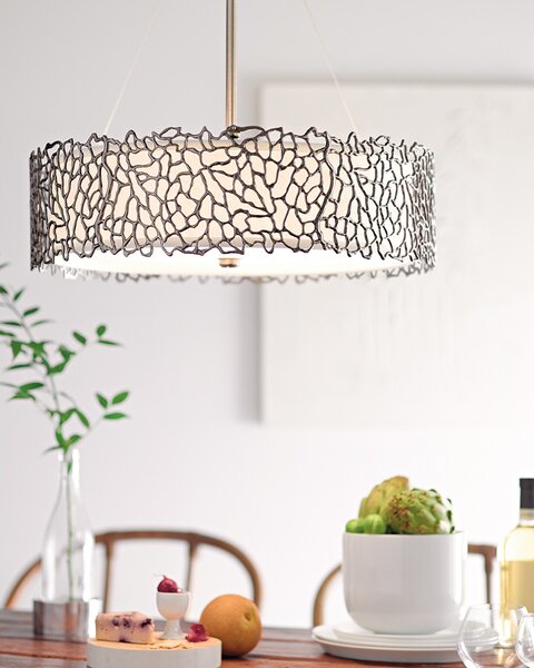 Kichler Lampada a sospensione media con diffusore in vetro a 3 luci dal design  moderno Silver Coral Lino,Metallo,Vetro Satinato E27 100W 3 Lampadine