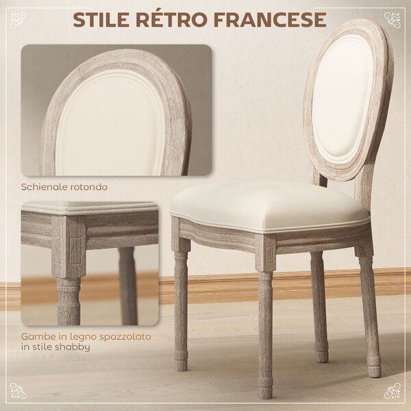 HOMCOM Set 2 Sedie Imbottite per Soggiorno Stile Vintage Rétro in Legno e Tessuto Effetto Lino Bianco Panna 49x56x96cm|Aosom