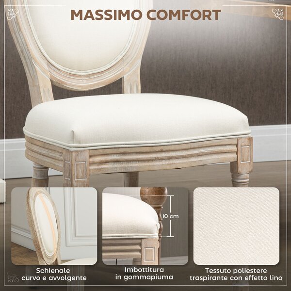 HOMCOM Set 2 Sedie Imbottite per Soggiorno Stile Vintage Rétro in Legno e Tessuto Effetto Lino Bianco Panna 49x56x96cm|Aosom