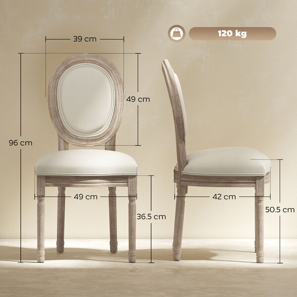 HOMCOM Set 2 Sedie Imbottite per Soggiorno Stile Vintage Rétro in Legno e Tessuto Effetto Lino Bianco Panna 49x56x96cm|Aosom