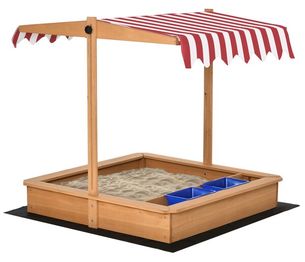 Outsunny Sabbiera per Bambini in Legno con Tettuccio Regolabile in Altezza, Gioco da Giardino con Sedute sui Bordi e Vaschette, 107.5x107.5x110cm