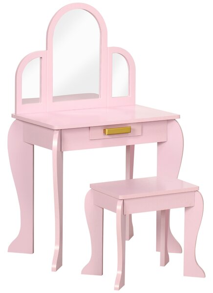 HOMCOM Tavolo per Trucco per Bambine 3-6 Anni con Sgabello, Cassetti e Specchio Coordinato in Acrilico, in MDF e Legno di Pino, Rosa|Aosom