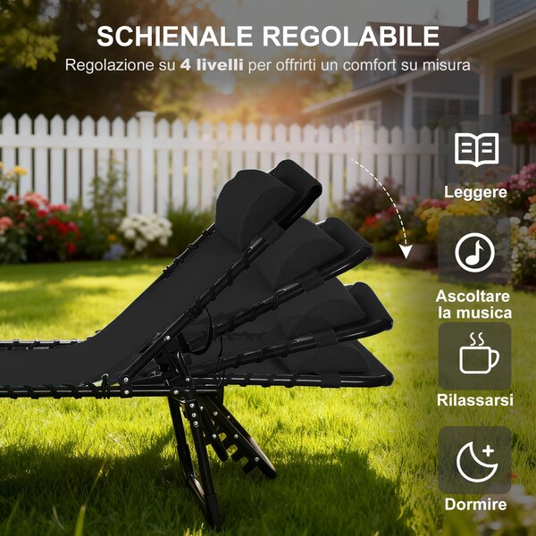 Outsunny Lettino Prendisole in Acciaio e Tessuto Traspirante con Schienale Reclinabile, 197x58x26 cm, Nero|Aosom