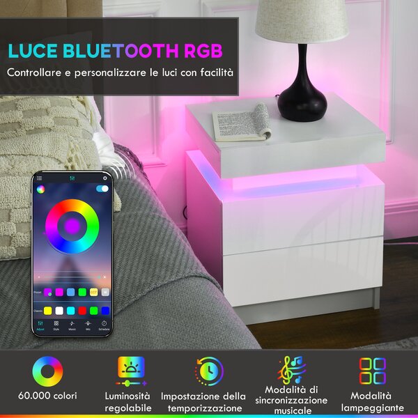 HOMCOM Comodino Moderno Multifunzionale con luce LED RGB e 2 cassetti, 4 Modalità di luce e 16 colori, 45x35x52cm, Bianco|Aosom Italy