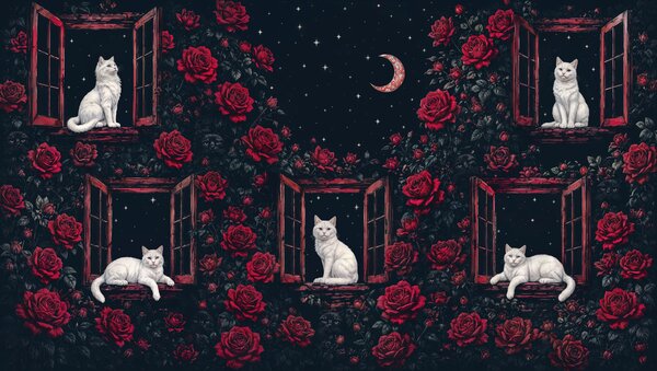 Carta da parati Gruppo di gatti seduti sulle finestre tra le rose, Carta da parati animali, Carta da parati popolare, t00937 - Tapeko.it