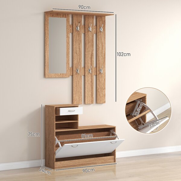 HOMCOM Mobile Appendiabiti 3 in 1 con Scarpiera e Specchio, Ganci e Cassetti, in Legno per l'ingresso, 90x24x177 cm, Bianco e Noce | Aosom Italy