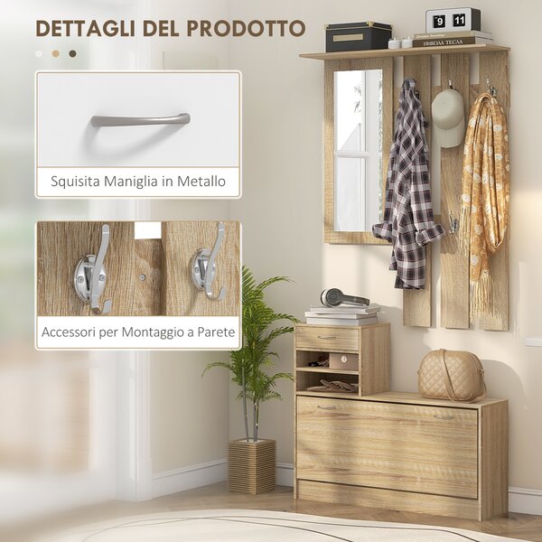HOMCOM Mobile Appendiabiti 3 in 1 con Scarpiera e Specchio, Ganci e Cassetti, in Legno, 90x24x177 cm, color Quercia