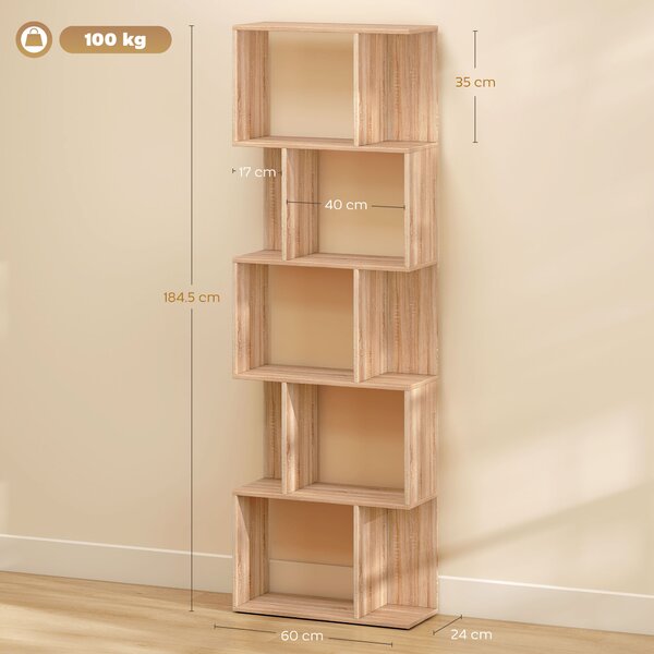 HOMCOM Scaffale Libreria Versatile a 5 Ripiani, Salvaspazio a Forma di S in Legno con Divisorio, 60x24x184.5 cm, Color Legno| Aosom Italy