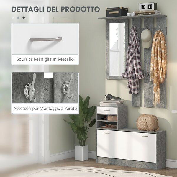 HOMCOM Set Mobile da Ingresso con Appendiabiti a 6 Ganci, Mobile Scarpiera con Cassetto e Specchio, Grigio