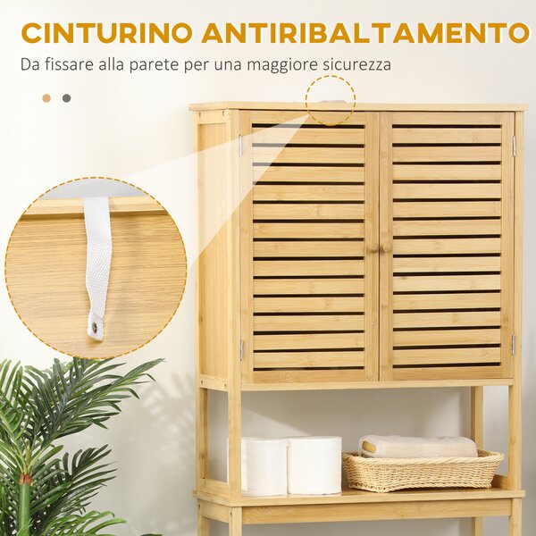Kleankin Mobile Bagno Sopra WC Salvaspazio in Bambù e MDF, Scaffale per Lavatrice con Armadietto a 2 Ante, 60x23x173cm