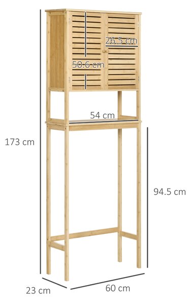 Kleankin Mobile Bagno Sopra WC Salvaspazio in Bambù e MDF, Scaffale per Lavatrice con Armadietto a 2 Ante, 60x23x173cm