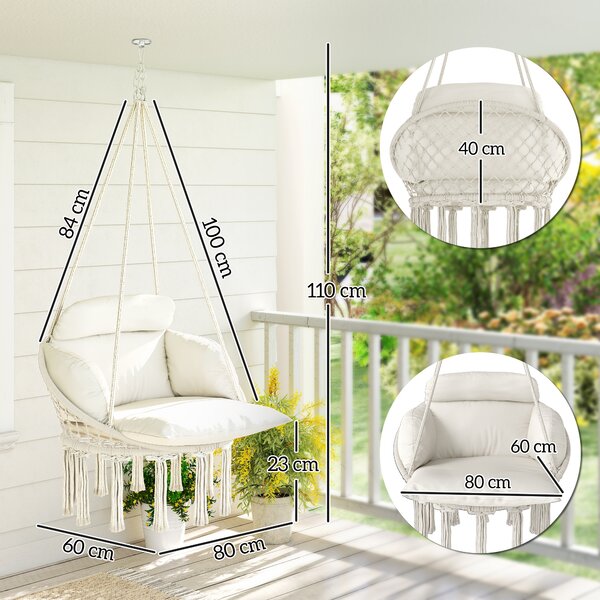 Outsunny Poltrona Sospesa in Stile Boho con Cuscino, in Acciaio, Cotone e Poliestere, 80x60x40 cm, Bianco Crema