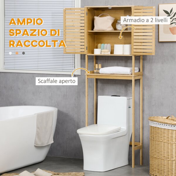 Kleankin Mobile Bagno Sopra WC Salvaspazio in Bambù e MDF, Scaffale per Lavatrice con Armadietto a 2 Ante, 60x23x173cm