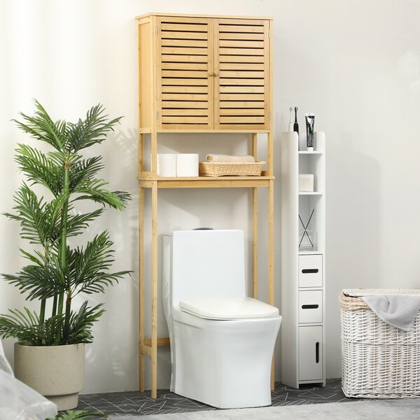 Kleankin Mobile Bagno Sopra WC Salvaspazio in Bambù e MDF, Scaffale per Lavatrice con Armadietto a 2 Ante, 60x23x173cm
