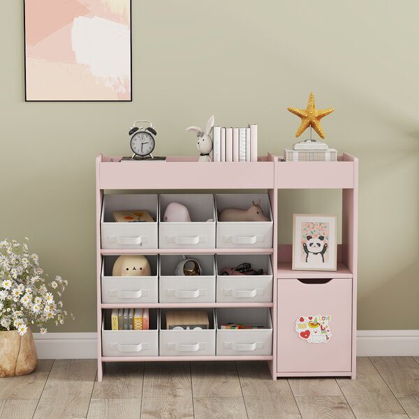 AIYAPLAY Scaffale Portagiochi Bambini in Legno con 9 Contenitori Rimovibili e Armadietto, 92x30x80 cm, Rosa | Aosom Italy