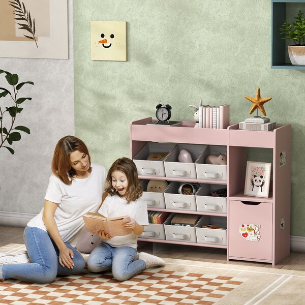 AIYAPLAY Scaffale Portagiochi Bambini in Legno con 9 Contenitori Rimovibili e Armadietto, 92x30x80 cm, Rosa | Aosom Italy