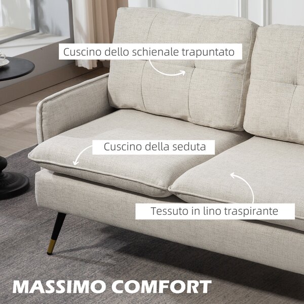 HOMCOM Divano 2 Posti con Cuscini Imbottiti e Gambe in Acciaio, in Tessuto Effetto Lino, 139L x 68P x 80A cm, Bianco Crema | Aosom Italy