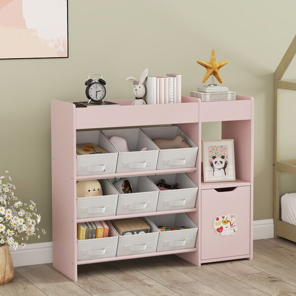AIYAPLAY Scaffale Portagiochi Bambini in Legno con 9 Contenitori Rimovibili e Armadietto, 92x30x80 cm, Rosa | Aosom Italy