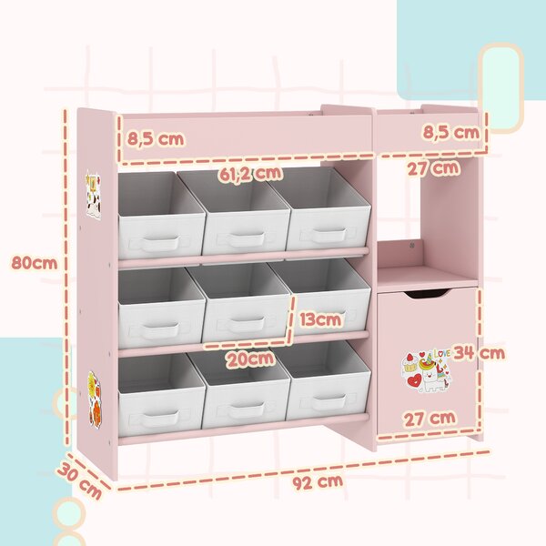 AIYAPLAY Scaffale Portagiochi Bambini in Legno con 9 Contenitori Rimovibili e Armadietto, 92x30x80 cm, Rosa | Aosom Italy