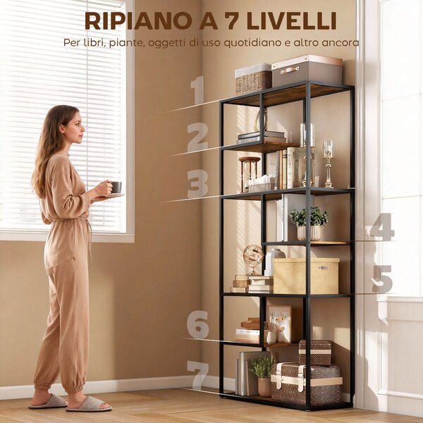 HOMCOM Mobile Libreria a 7 Livelli in Legno e Acciaio Stile Industriale, 83x34x180 cm, Marrone | Aosom Italy