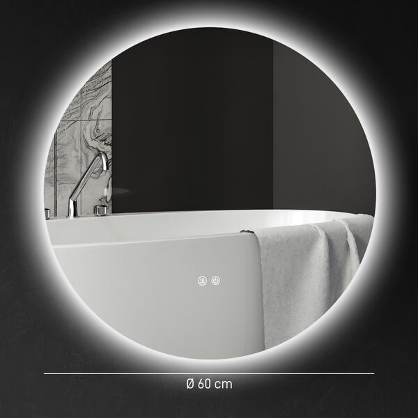 Kleankin Specchio Bagno con Luci LED Regolabili, Interruttori Touch e Design Antiappannamento, Ø60 cm | Aosom Italy