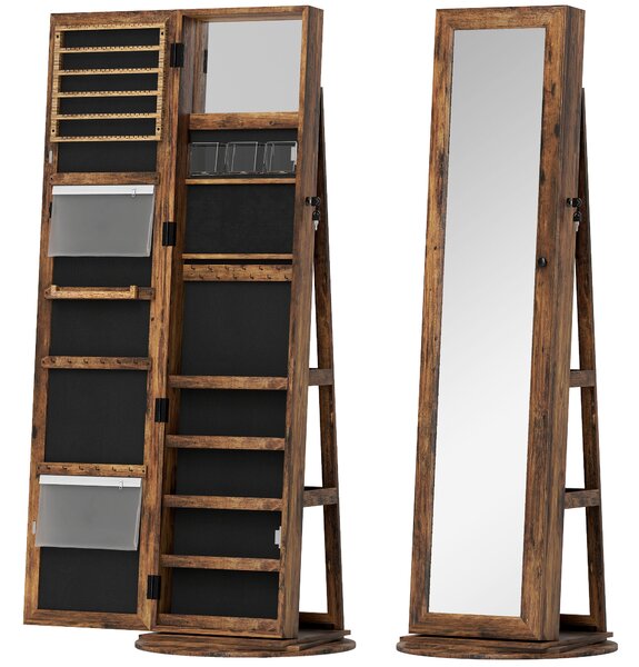 HOMCOM Specchio Portagioie da Terra Girevole a 360° con Ripiani e Chiusura a Chiave, 55x55x161 cm, Marrone Rustico | Aosom Italy
