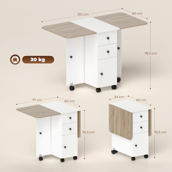 HOMCOM Tavolo Pieghevole con 2 Cassetti e Armadietto, 6 Rotelle e Freni, 120x60x76.5 cm, Bianco e Rovere | Aosom Italy